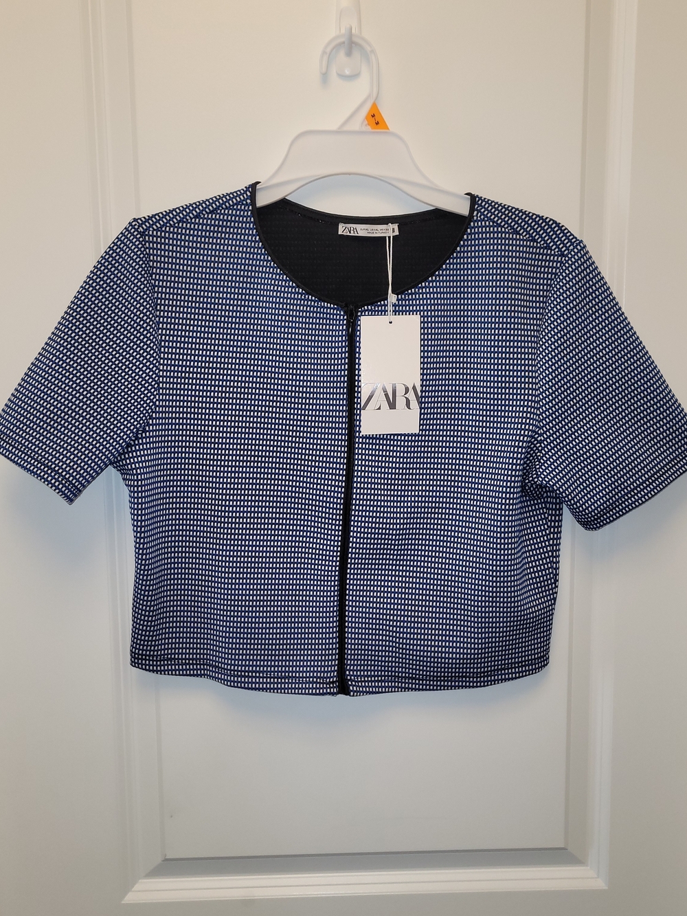 ZARA NWT XL Blue White Textured Cropped Zip Front Jacket Short Sleeve